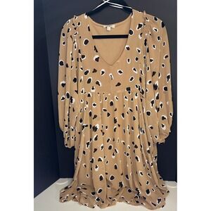 Umgee Babydoll Dress Women Size M Tan  Leopard Print Long Sleeve
